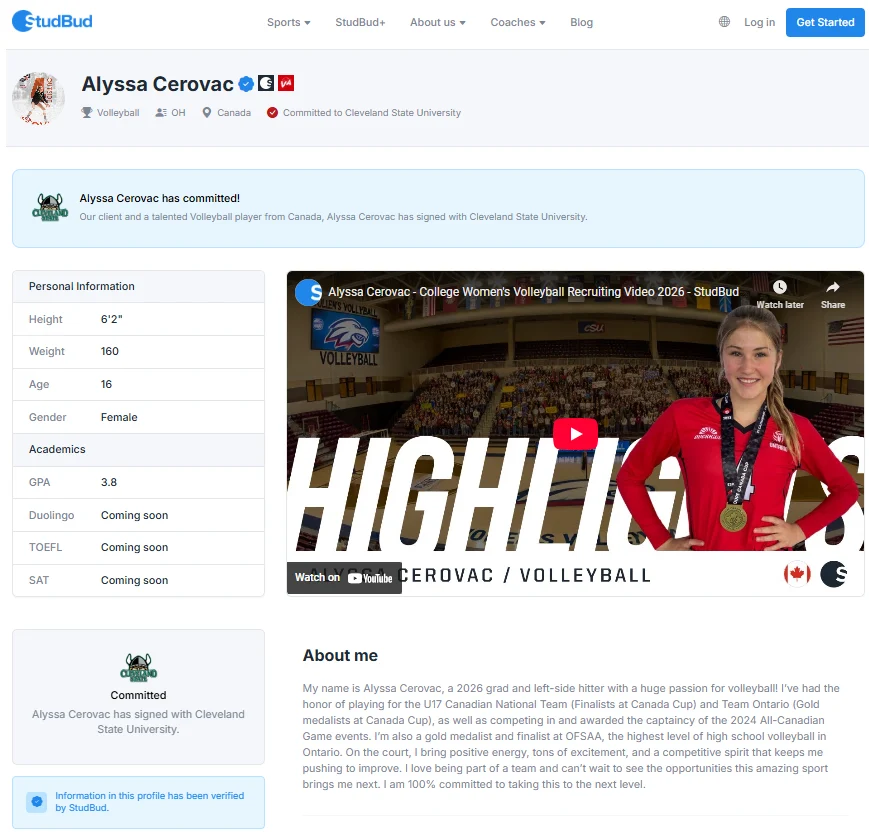 volleyball recruiting profile pages for Canadian athletes