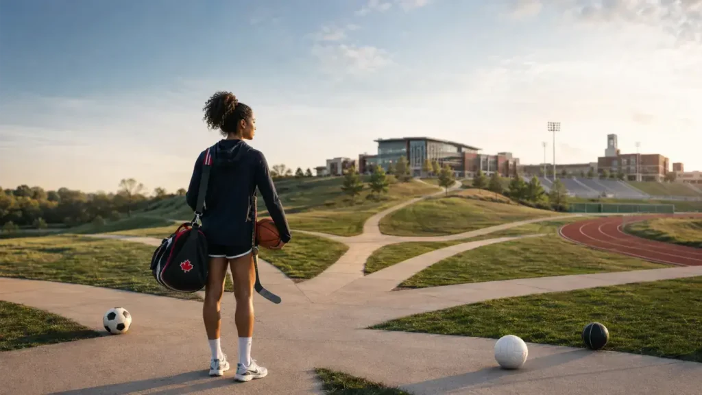 Canadian high-school athlete standing at a six-way crossroads leading toward a U.S. college campus, with equipment representing volleyball, basketball, soccer, hockey, and track.