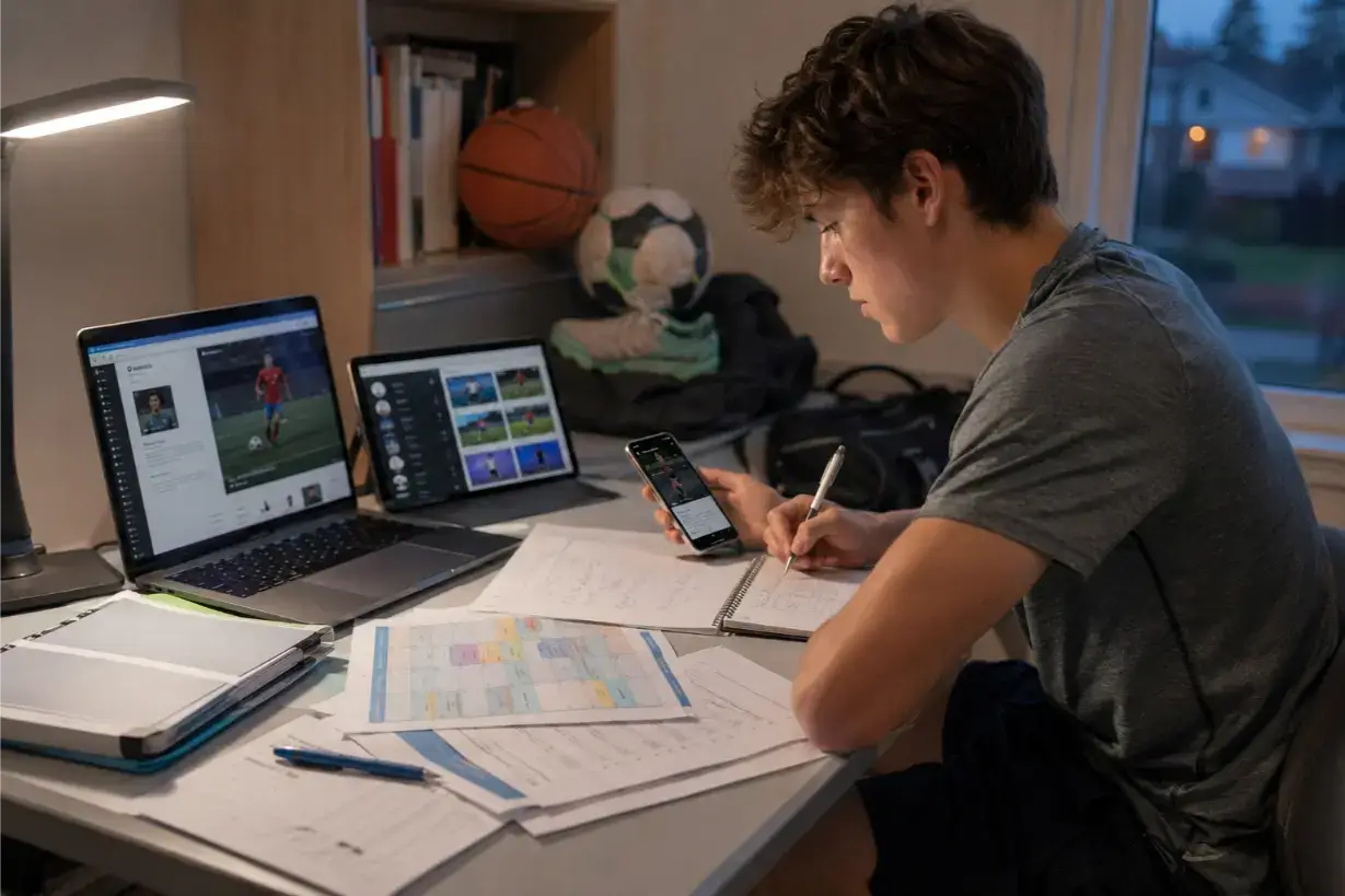 Focused study session with sports gear