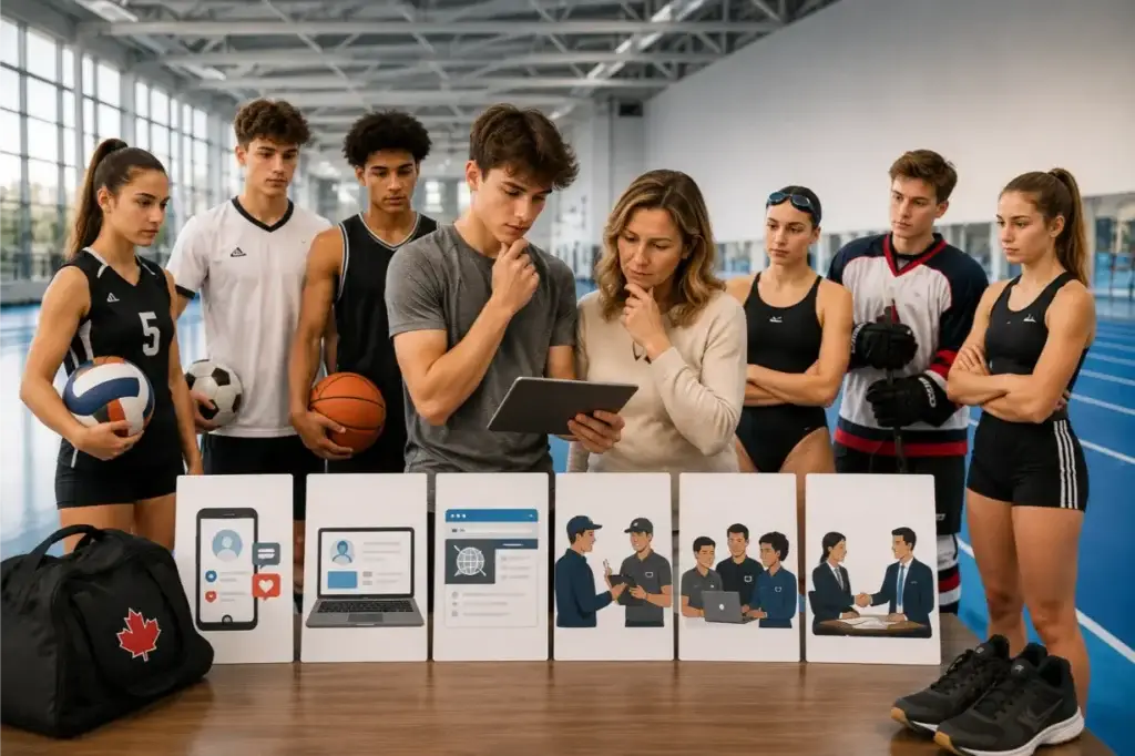 Team strategy session in sports facility