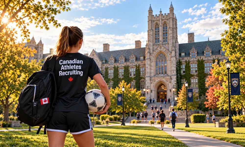 Canadian female soccer recruit holding soccer ball outside U.S. university wearing Canadian Athletes Recruiting shirt