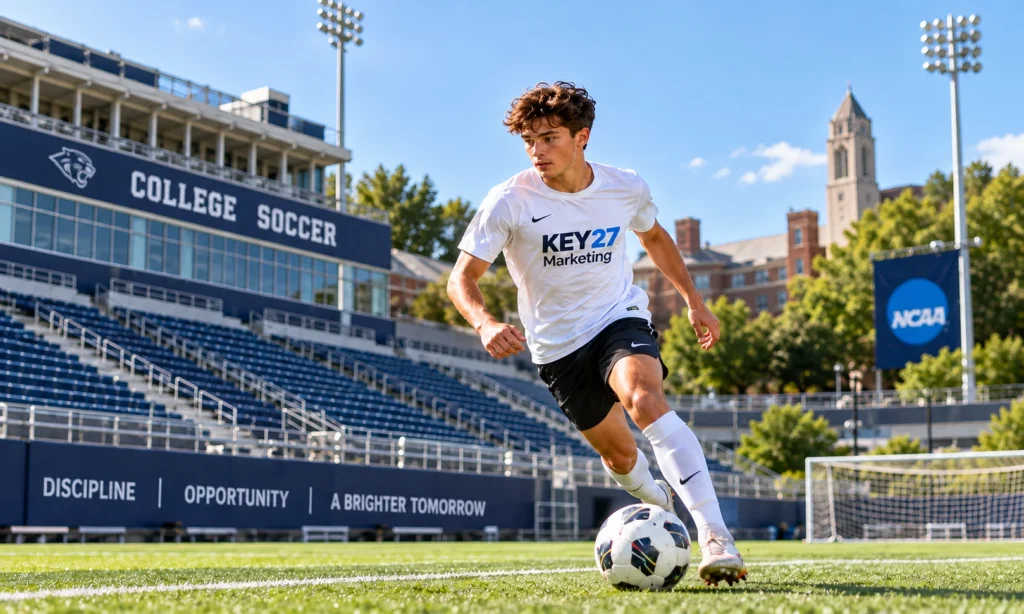 Canadian soccer player wearing KEY27 Marketing shirt training for NCAA college soccer scholarships