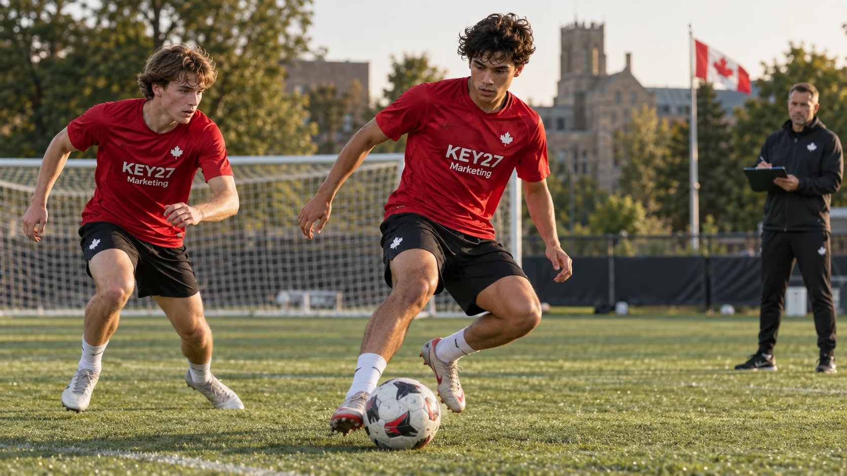 Canadian soccer players practising a dribbling drill while a coach observes from the sideline Canadian soccer players practising a dribbling drill while a coach observes from the sideline