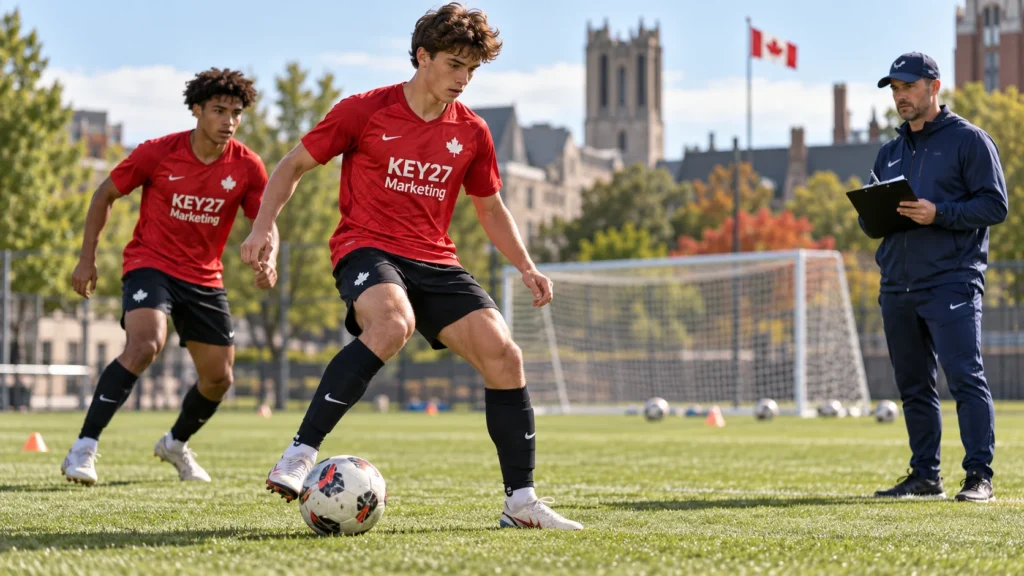 Canadian soccer players wearing KEY27 Marketing jerseys training while a coach evaluates their skills