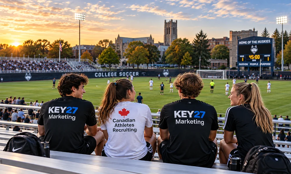 Canadian student athletes wearing KEY27 Marketing and Canadian Athletes Recruiting shirts at college soccer game