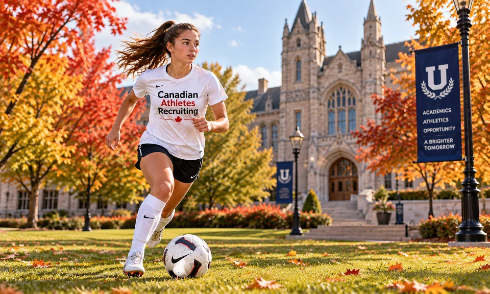 Female soccer player wearing Canadian Athletes Recruiting shirt on a U.S. university campus