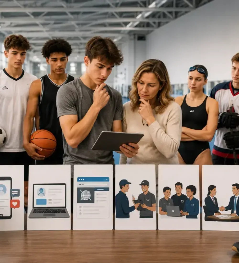 Team strategy session in sports facility