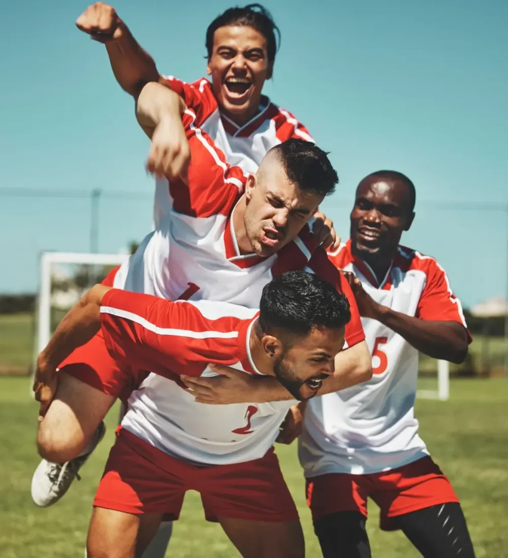 Soccer player, soccer and soccer field, winner and team, diversity and celebrate goal, athlete happ